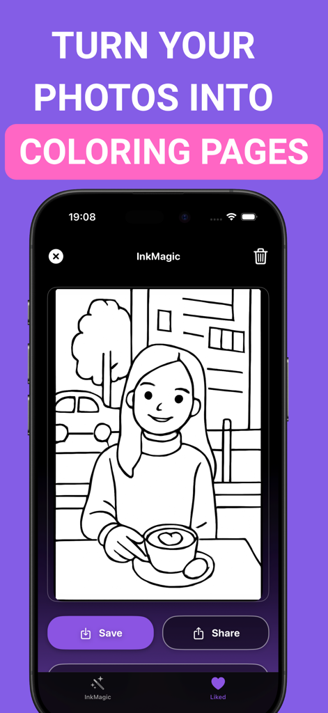 InkMagic Photo Coloring Pages - InkMagic app interface showing a personalized line art coloring page of a woman converted from a photo