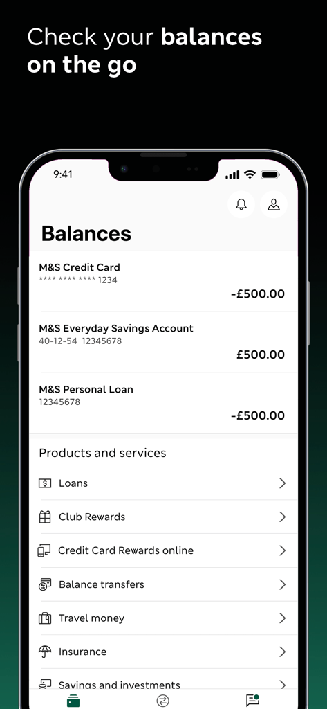 M&S Banking app interface displaying account balances for credit card and savings