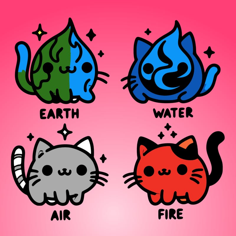 4 cats that represent the different elements, earth, water, air, and fire