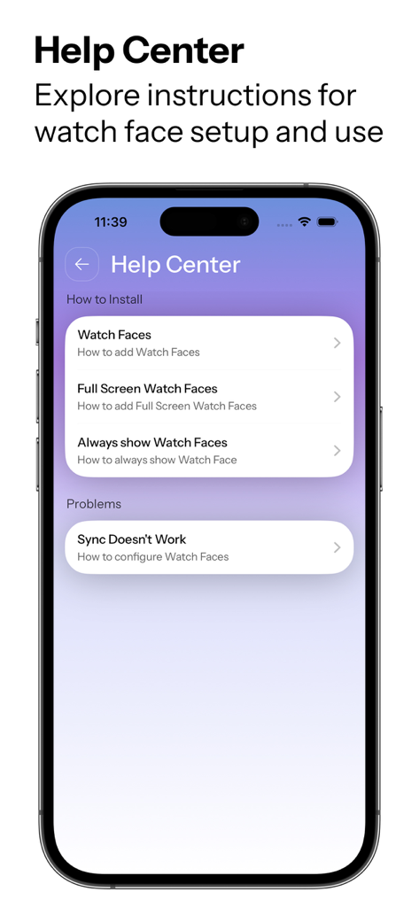 Zonex: Faces Gallery - Pantalla del centro de ayuda de la aplicación Zonex con instrucciones para configurar esferas de reloj y solucionar problemas