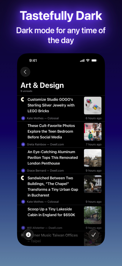 Elytra - Elytra RSS reader showcasing dark mode with an Art and Design news feed