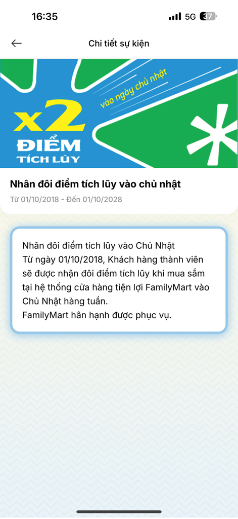FamilyMart VietNam - Captura de pantalla de la página de eventos de la aplicación FamilyMart VietNam que muestra una promoción de doble puntos de fidelidad para los domingos