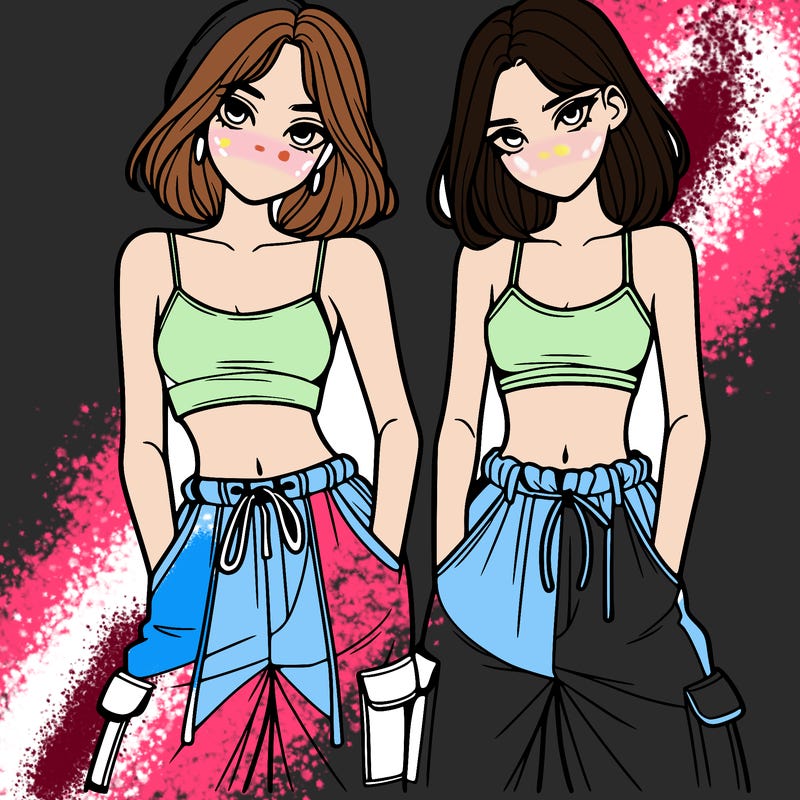 two girls with crop top with baggy pants