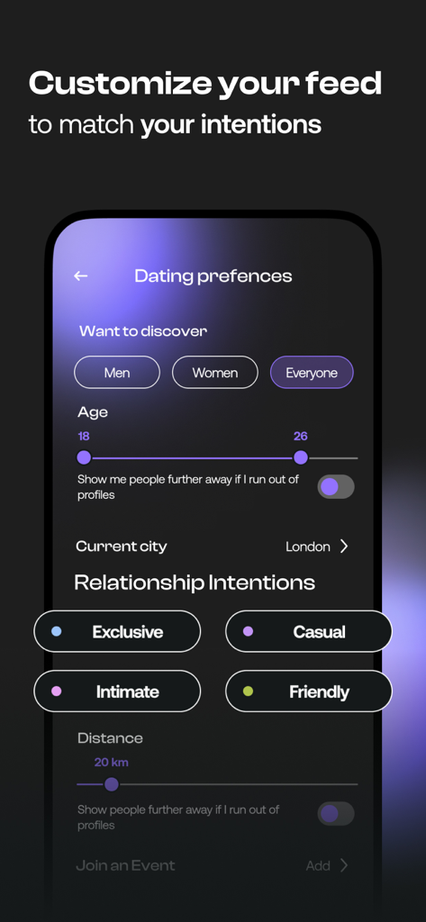 Feels Dating App: Chat & Date - 독점 또는 캐주얼과 같은 관계 의도, 나이, 성별에 대한 환경 설정을 보여주는 Feels 데이팅 앱의 스마트폰 화면