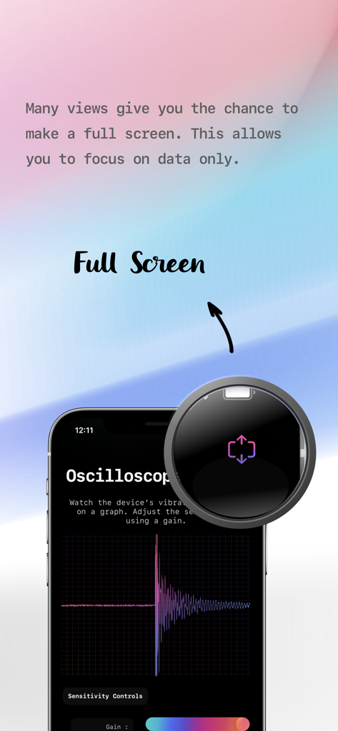 Sismo app screenshot showing a full-screen oscilloscope view for monitoring vibrations