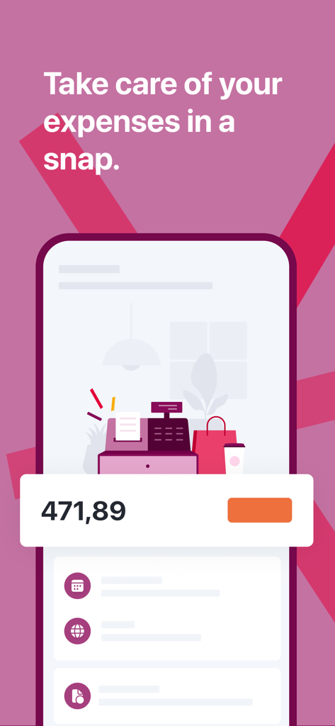 Mobile app screen showing an expense tracking feature with the text Take care of your expenses in a snap