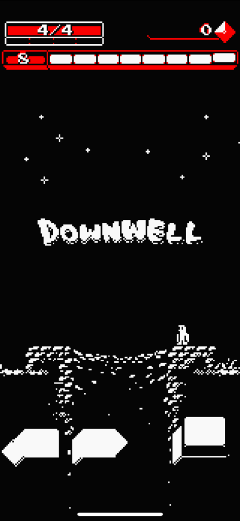 Downwell - Title screen of the game Downwell featuring its minimalist 8-bit pixel art aesthetic with white text on a black background and red UI elements