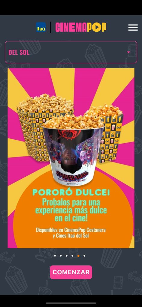 Itau Cinemapop - Schermata dell'app Itau Cinemapop che mostra una promozione speciale di popcorn con secchielli a tema cinematografico.