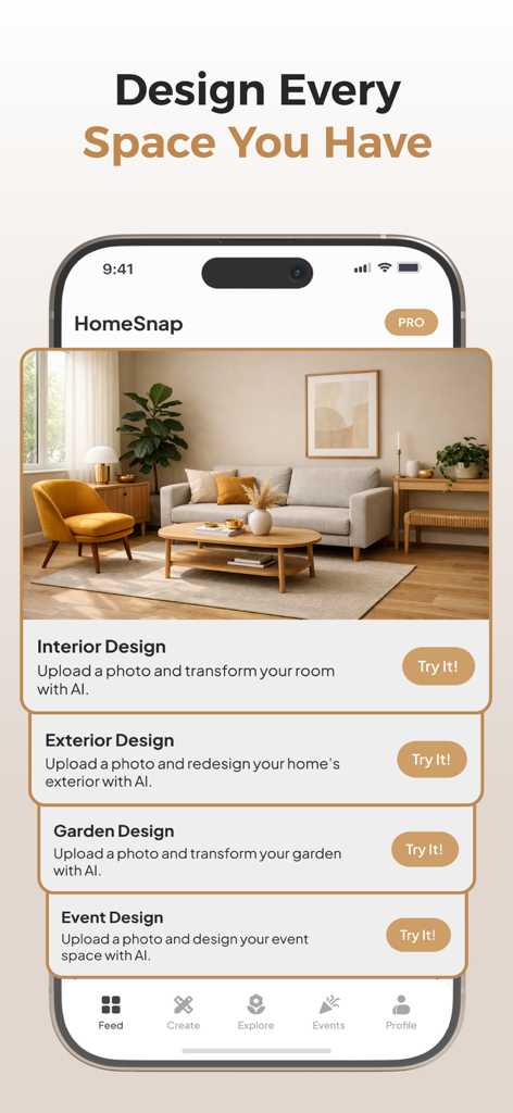 HomeSnap - AI Home Design - Pantalla de la aplicación HomeSnap mostrando opciones para diseño de interiores, exteriores, jardines y eventos