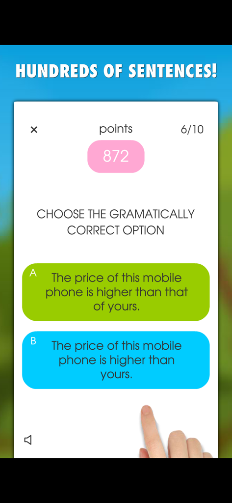 English grammar quiz interface showing a multiple choice question with two sentence options and current score