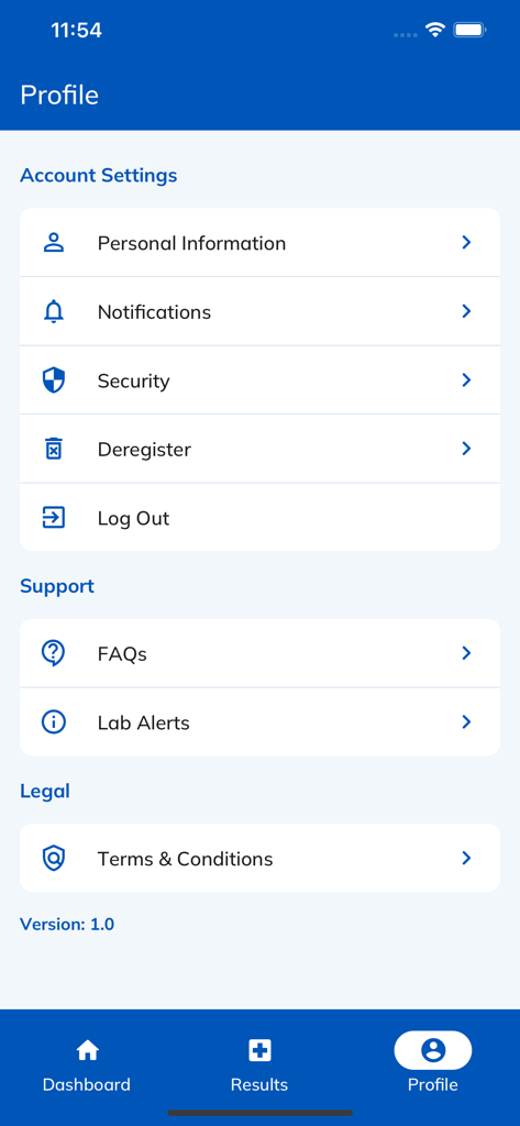User profile and account settings page in the Ampath medical pathology app