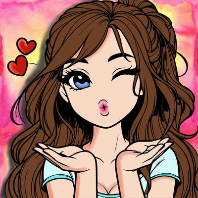 realistic girl winking and blowing a kiss while making heart hands