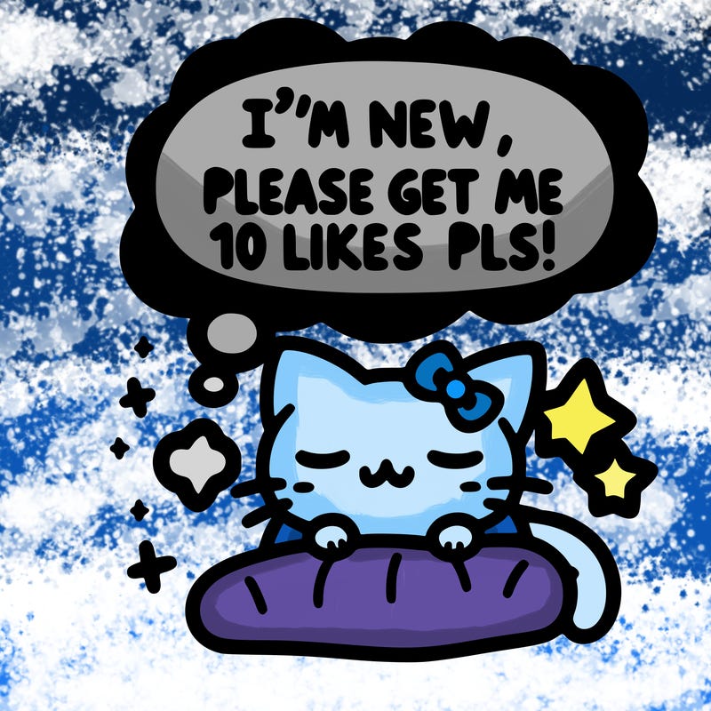 kitty taking a nap dream talking and saying "i'm new, please get me at least 10 likes pls!!"