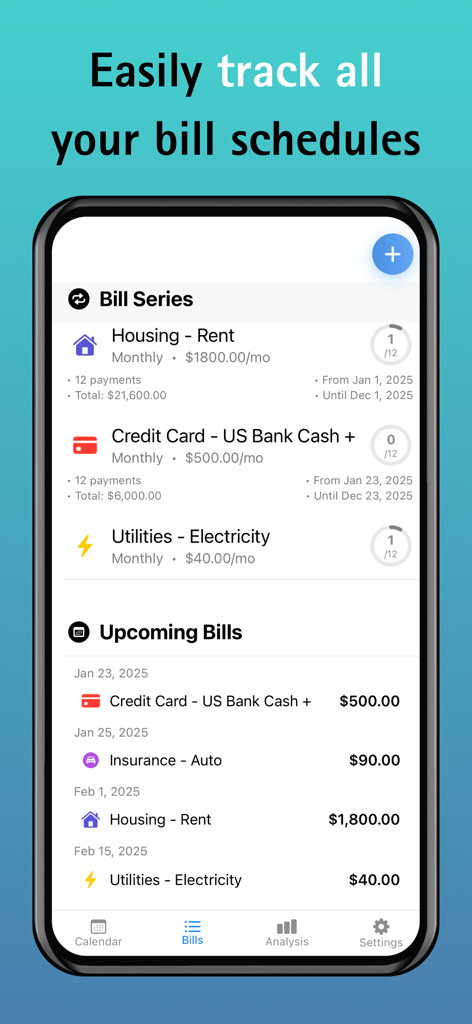 EZ Bill Organizer & Tracker - EZ Bill Organizer app showing a list of recurring bill series and upcoming monthly payments on an iPhone.