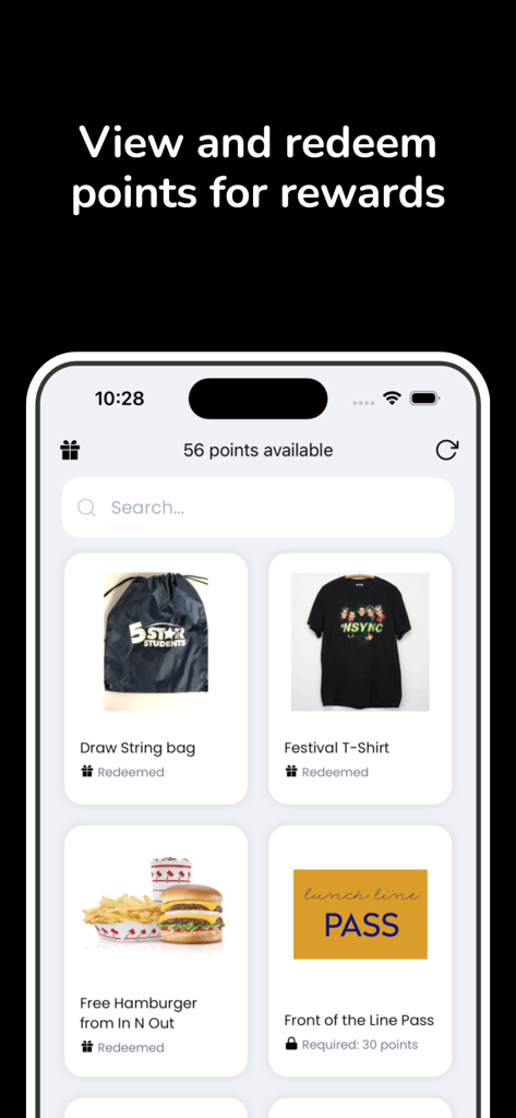 A mobile screen for the 5-Star Students app showing a student's available points and a catalog of redeemable rewards like school gear and passes.