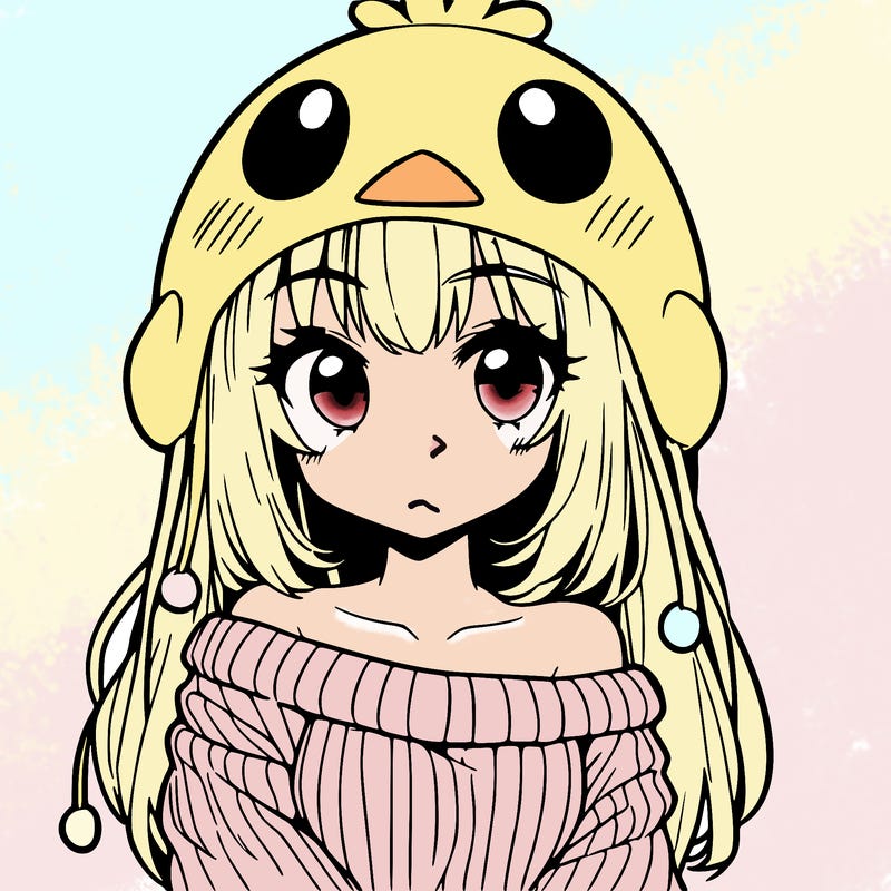 anime girl with chick shaped hat with sweater with bare shoulders with bangs covering them one eye with low tail