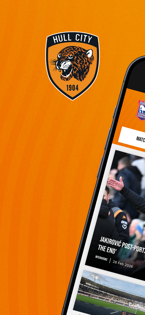 Hull City - Smartphone screen displaying the Hull City official app with the club crest and latest news articles