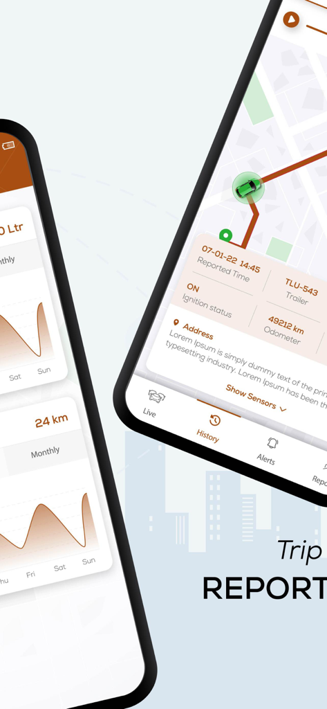 Mux Tech - Mux Tech mobile application interface displaying trip reports and real-time vehicle location on a map.
