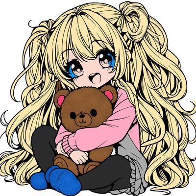 manga girl, long curly hair, happy, cuddling a teddy bear