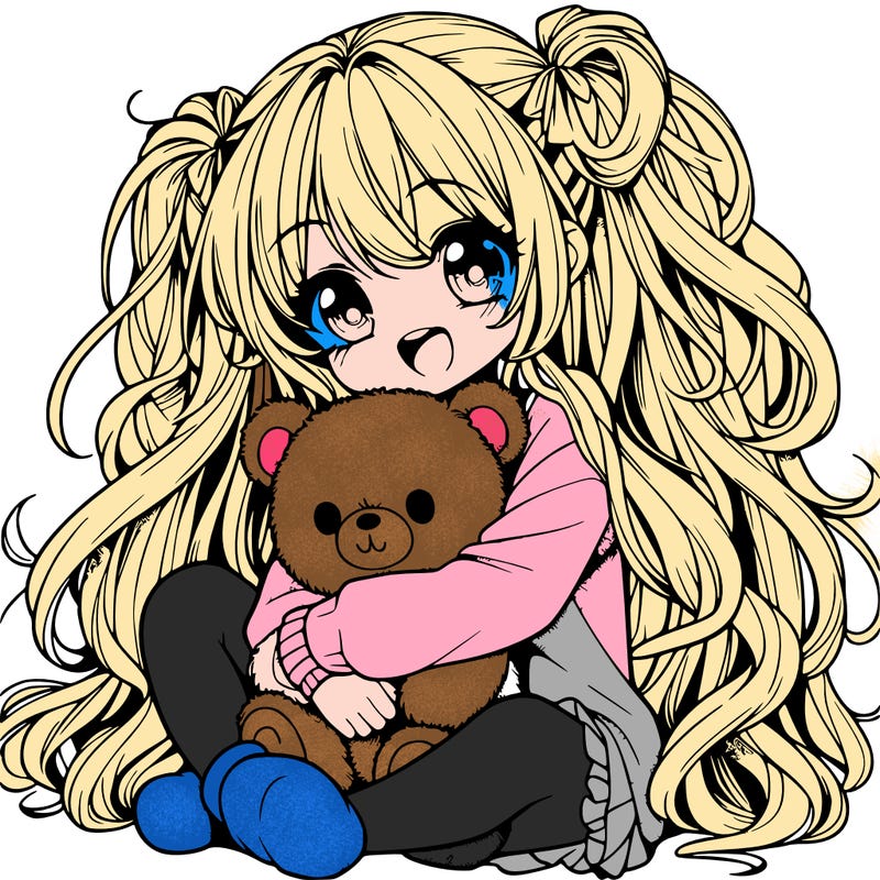 manga girl, long curly hair, happy, cuddling a teddy bear
