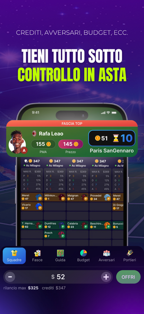 FantaLab Manager - Fantacalcio - FantaLab Manager app showing a live fantasy soccer auction for Rafa Leao.