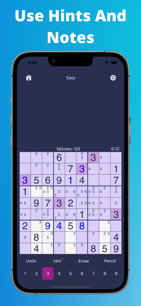 Sudoku Friends - Sudoku - Interfaz de la aplicación Sudoku Friends que muestra notas de lápiz y pistas durante un juego.