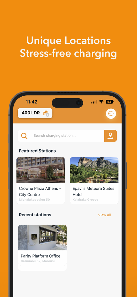 Mobile app screen showing featured electric vehicle charging stations at hotels and offices