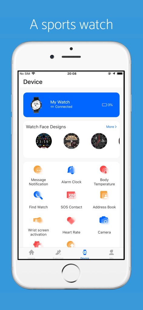 Vastfit app interface showing connected smartwatch settings and health monitoring features