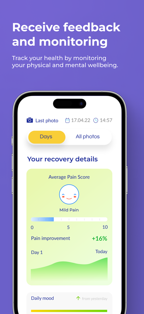 Dashboard showing pain score and recovery progress in the Post Op app