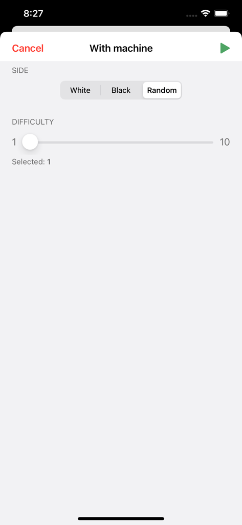 Chess King - Play Online - Setup screen for playing a chess game against the computer with difficulty and side selection