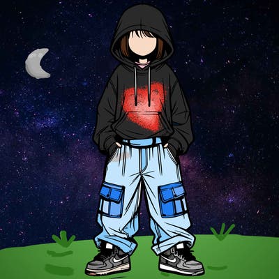 realistic girl with baggy jeans and a hoodie