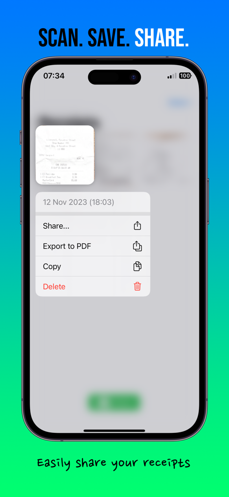 iPhone screen showing the Receipts Scanner app menu with options to share and export receipts to PDF