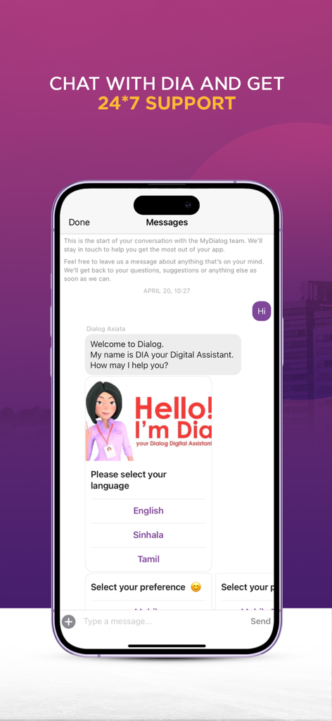MyDialog - L'interface de chat de l'application MyDialog présente l'assistant numérique DIA pour une assistance client 24h/24 et 7j/7.