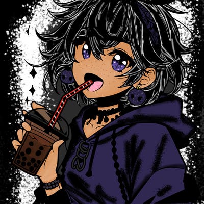 hot baddie anime girl drinking boba and biting the straw