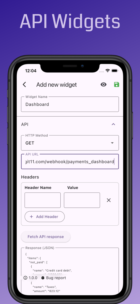 API Widgets - Configuration screen for adding a new API widget showing URL and header fields