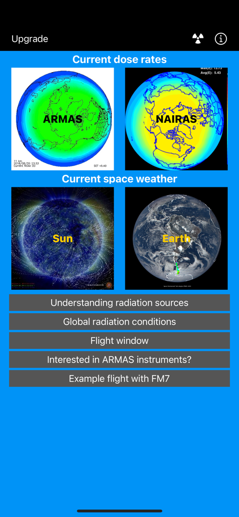 ARMAS - ARMASアプリのインターフェース。太陽と地球のためのリアルタイム放射線線量率と宇宙天気マップを表示。