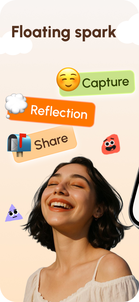 Bubblely – Softly Connected - A happy woman with floating labels for Capture Reflection and Share in the Bubblely app