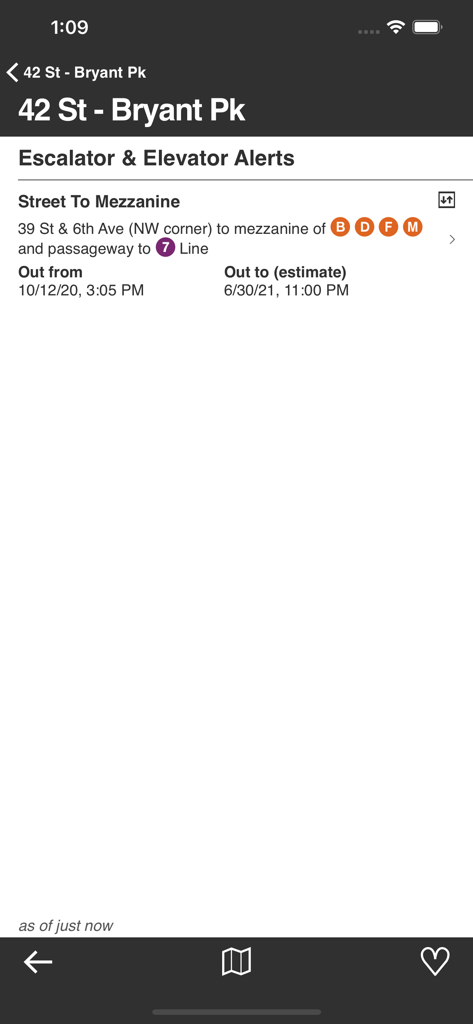 Underway: NYC Subway Transit - Real-time escalator and elevator alerts for 42 St Bryant Park station in the Underway app