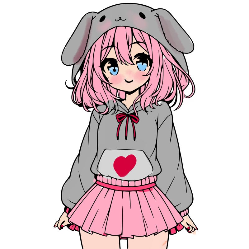 pretty anime girl wearing a fluffy hoodie with bunny ears on the hood and a skirt