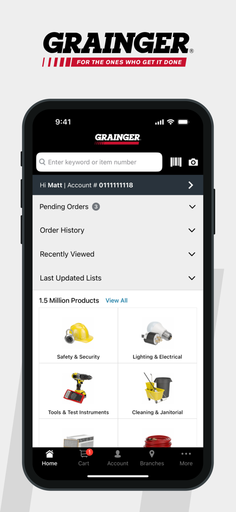 WW Grainger mobile app home screen showing industrial product categories and account management tools
