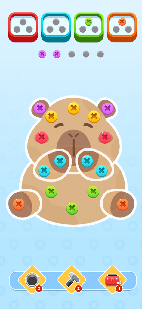 Gameplay de Screw It Out montrant des vis colorées sur un personnage capybara et des boîtes de tri en haut