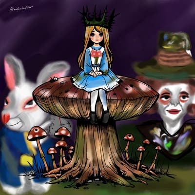 realistic girl sitting on a huge tree stump size toadstool with thorn crown