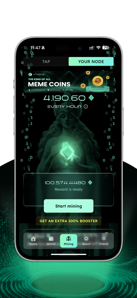 Athene Network - Tela de mineração do aplicativo móvel Athene Network mostrando recompensas em criptomoedas e um botão para iniciar a mineração