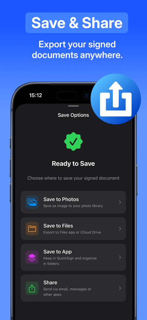 QuickSign: Sign & Scan PDF - Écran de l'application QuickSign montrant diverses options pour enregistrer et partager des documents PDF signés