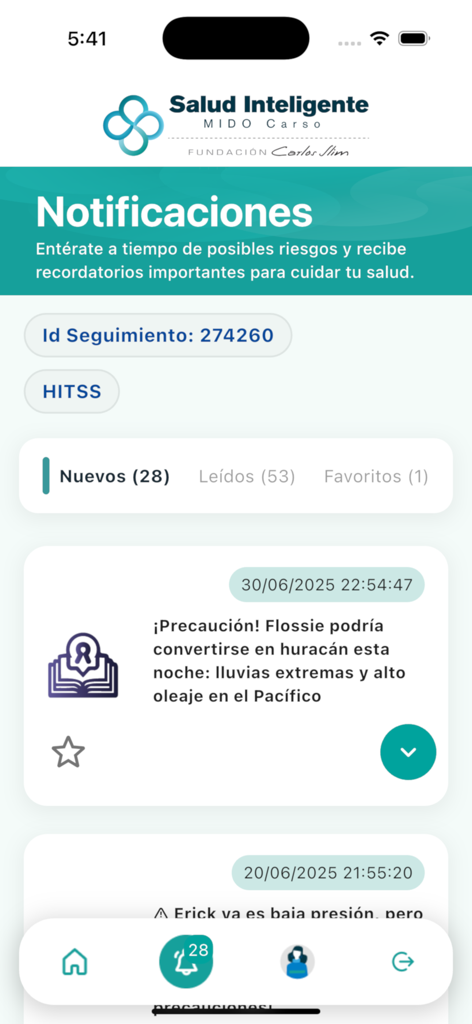 Salud Inteligente MIDO Carso - Interfaz de notificaciones de la aplicación Salud Inteligente MIDO Carso mostrando una alerta de seguridad climática