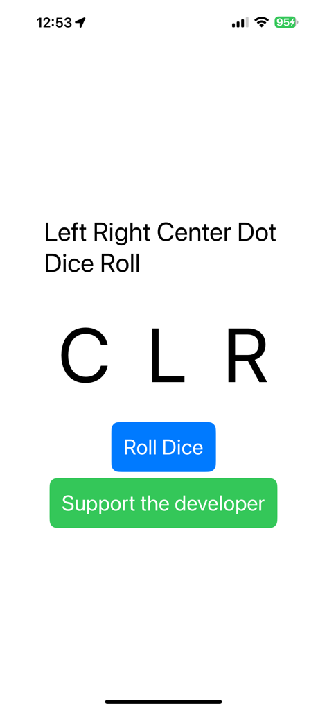 Left Right Center Dot Dice - A screenshot of the Left Right Center Dot Dice app interface showing the letters C L R and a roll dice button