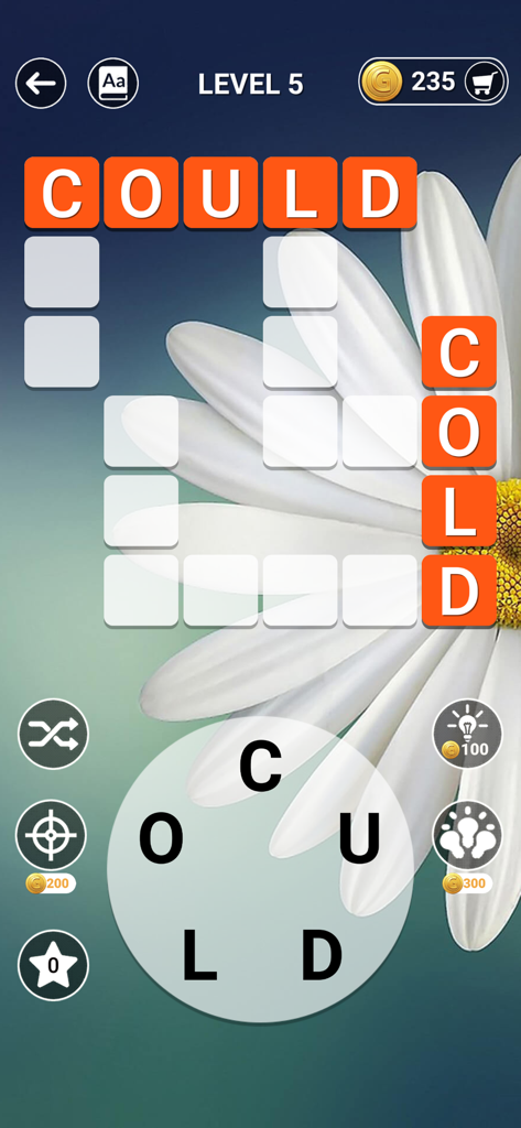 Word Scenery Master: Crossword - Crossword puzzle gameplay in Word Scenery Master with a relaxing daisy flower background.