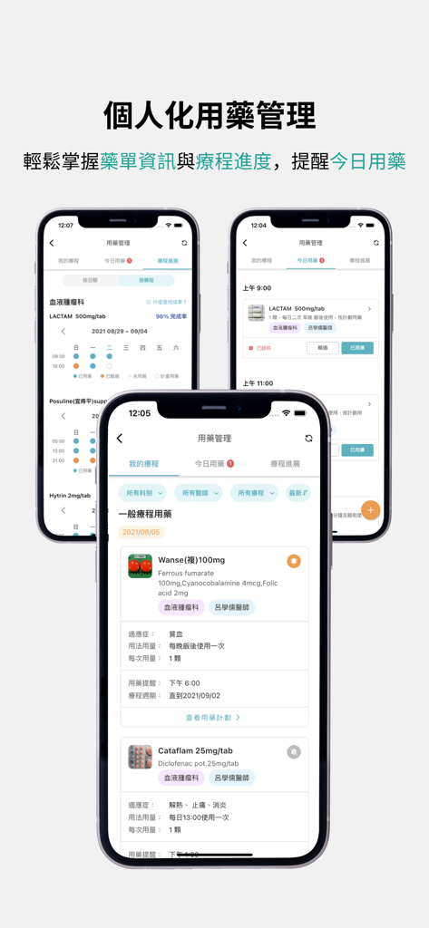 中山附醫e點通 - Mobile app screens showing personalized medication management and treatment progress for CSMU Hospital.