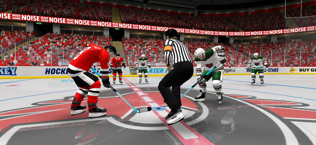 Hockey All Stars 24 - Un face-off en el centro del hielo en una abarrotada arena de hockey.