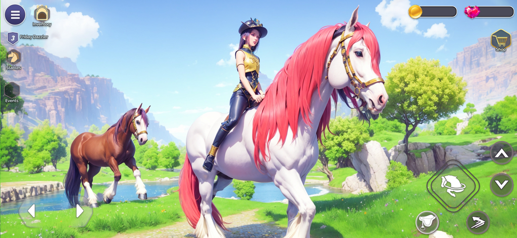 My Fantasy Girls Horse Care 3D - Uma garota montando um cavalo branco com crina rosa vibrante em um ambiente de rancho 3D